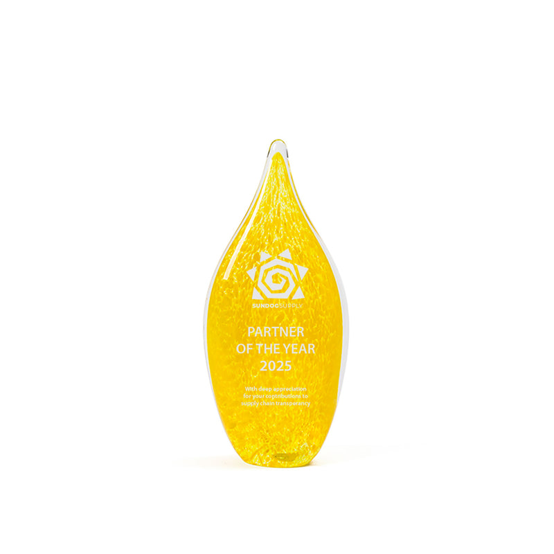 Small solar-themed artisan glass award in yellow and white. A handblown Rivanna-exclusive, made in the USA and ready for custom personalization.