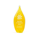 Tall yellow and white artisan glass teardrop award, handblown in the USA. A Rivanna-original design perfect for personalized recognition.