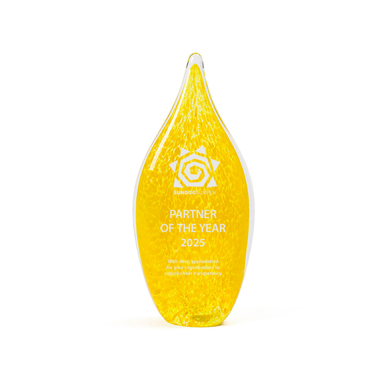 Tall yellow and white artisan glass teardrop award, handblown in the USA. A Rivanna-original design perfect for personalized recognition.