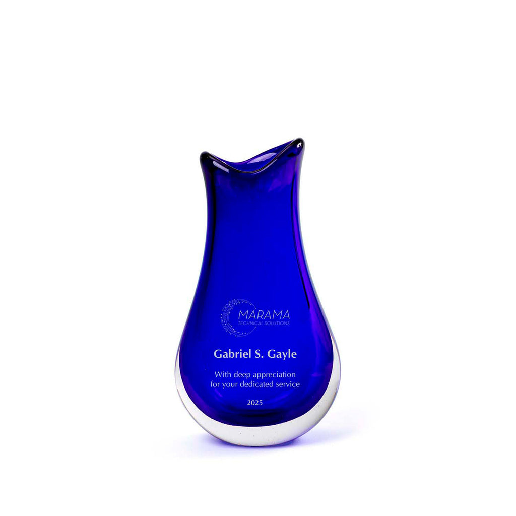 Tall blue art glass bud vase award, handblown and signed. A Rivanna original design that is functional, elegant, and ideal for personalized awards.