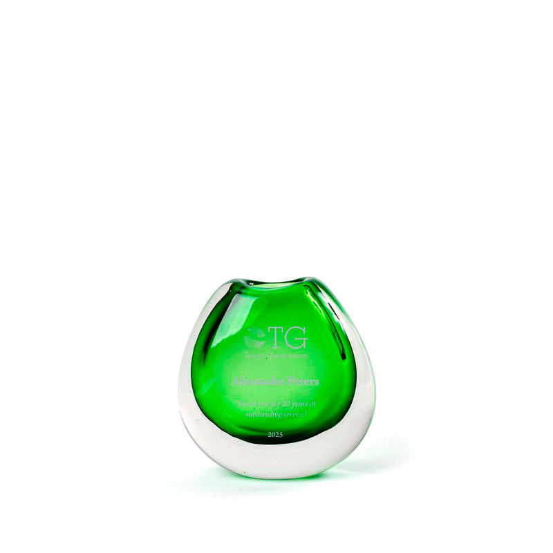 Small green artisan glass bud vase, Rivanna-exclusive and handblown in the USA. Signed by the artist and ideal for floral display.