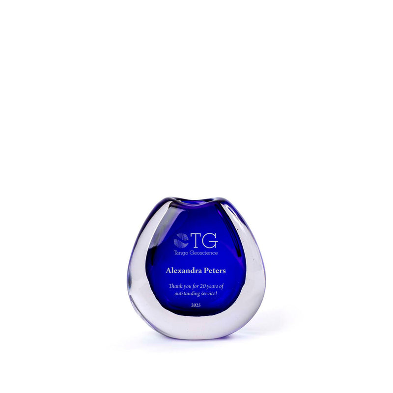 Sapphire blue handblown bud vase award, made in the USA and signed by the artist. A Rivanna-exclusive glass award suitable for flowers and custom engraving.