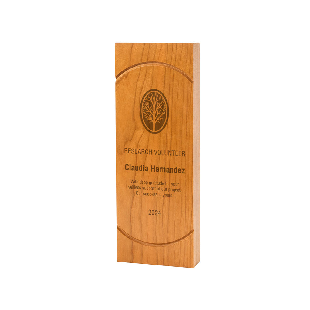 Tall rectangular eco award with carved curved lines.  Laser engraved with a tree image.