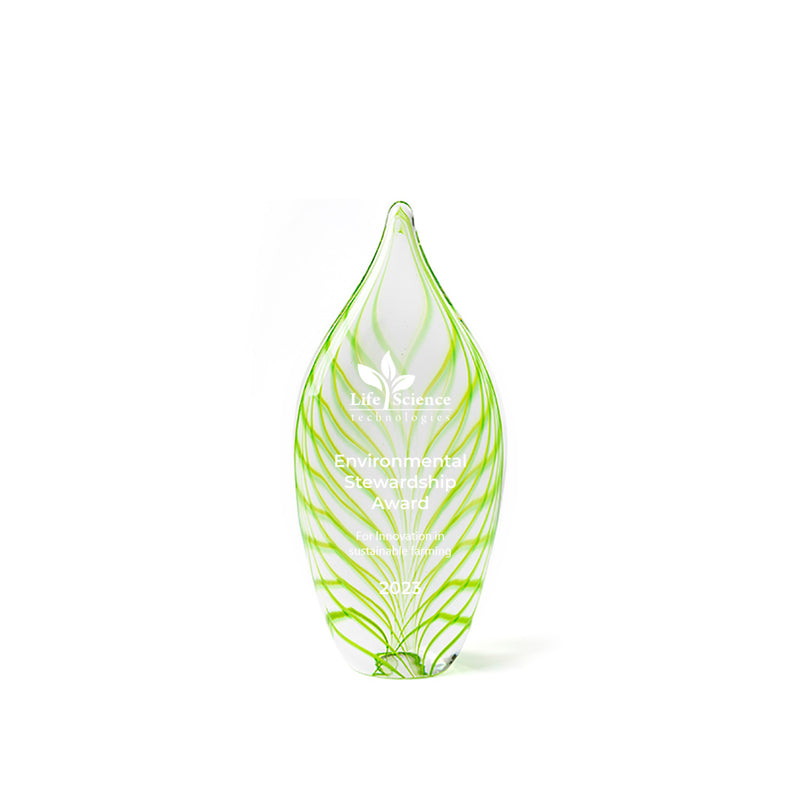 Clear artisan glass trophy leaf shape green highlights engraved