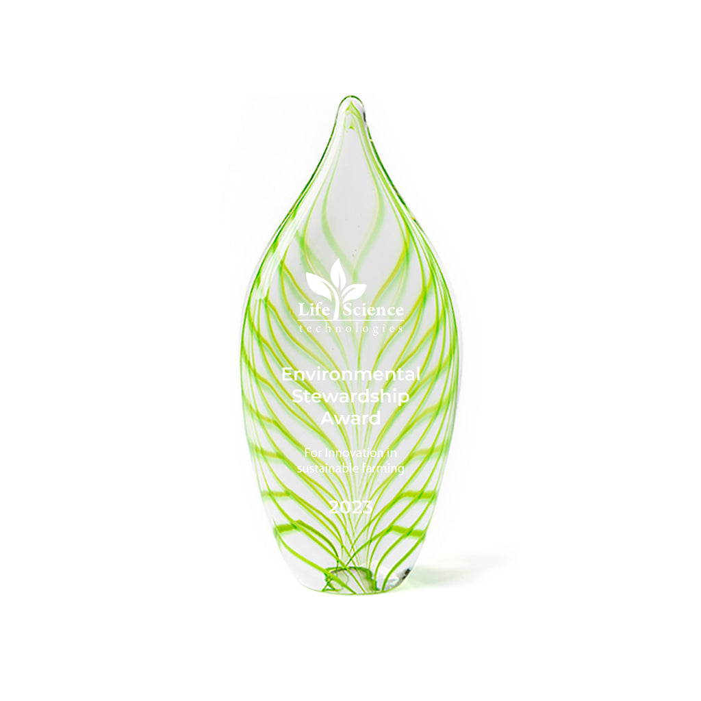 Leaf trophy clear glass with green veins personalized etching 11" high