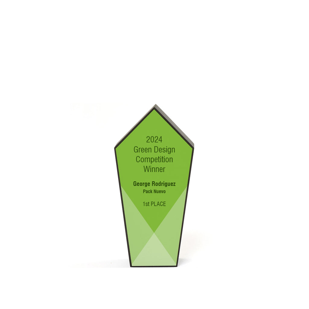 Modern recycled trophy 8"h black with a white plate that has green hues.