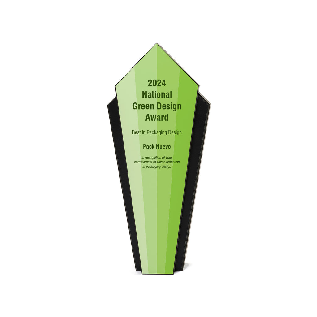 Art deco style recycled black award with a white engraving plate that can be any color (shown here in green).