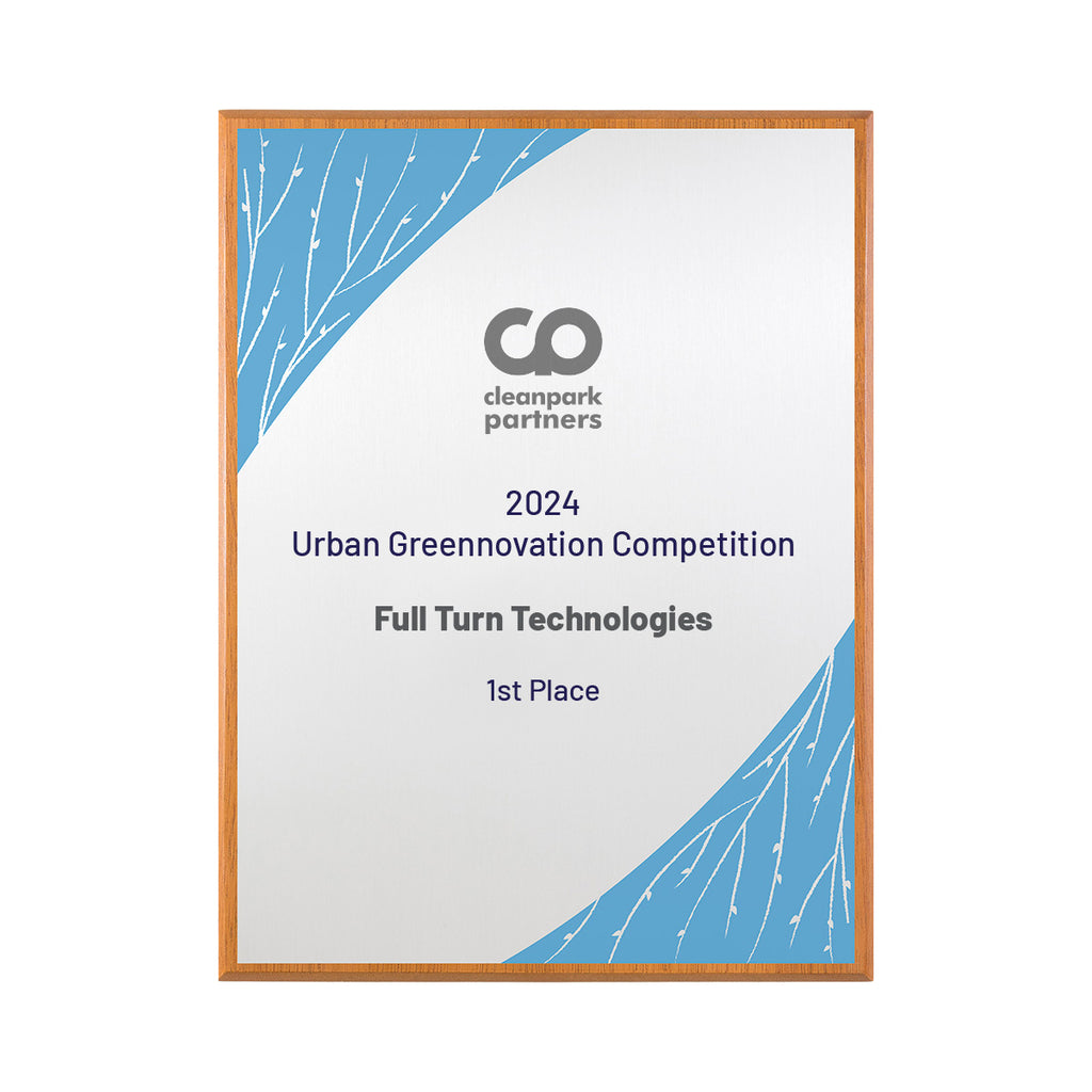 Silver award plaque with blue and white seasonal design symbolizing spring, on wood base