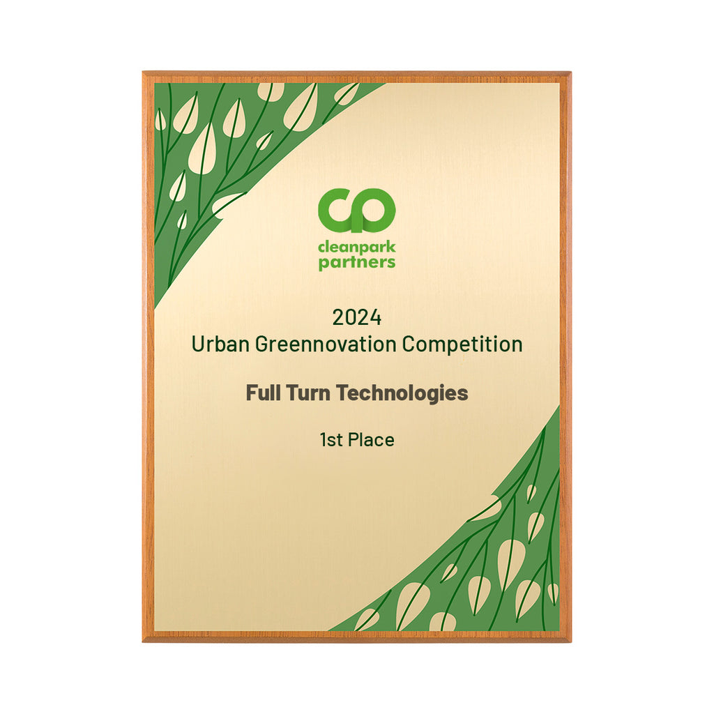 Gold award plaque with green and gold summer leaf design, mounted on FSC-certified wood