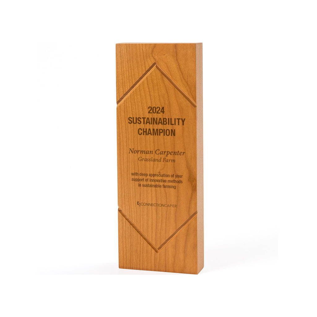Tall certified wood trophy in solid cherry.  Laser engraved.  Diamond pattern.