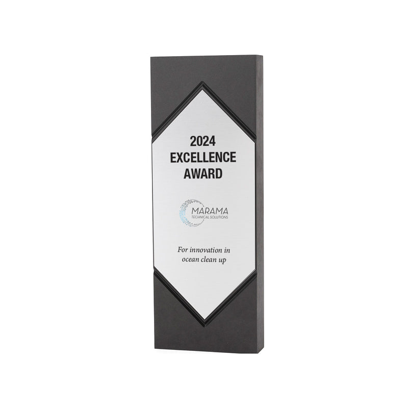 Recycled black trophy with square carved over a rectangle. Works for diamond award themes.