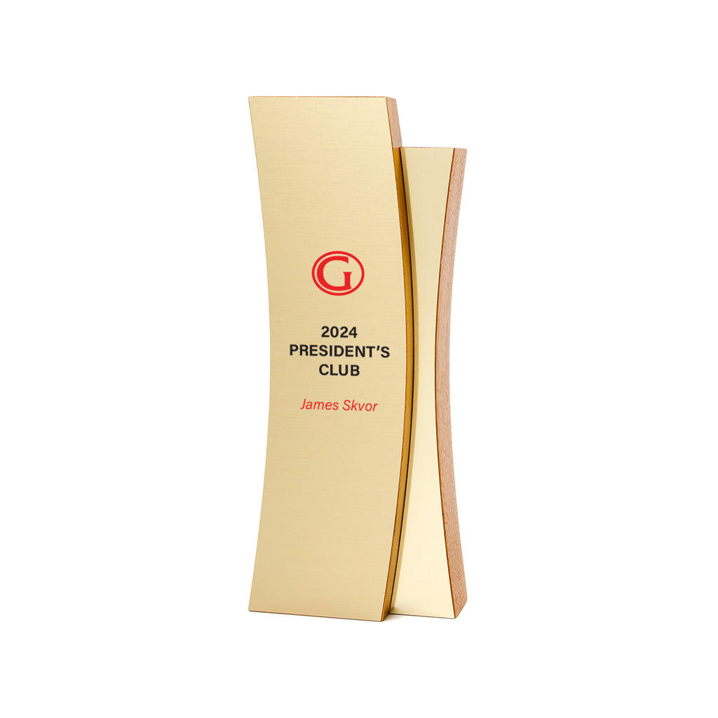 Elegant FSC-certified mahogany award with a gold metal plate, ideal for high-end corporate recognition and executive honors.

