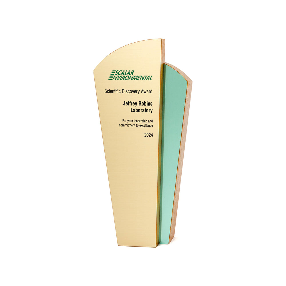 Luxurious green-accented mahogany recognition award with gold finish, an excellent fit for honoring excellence in design or science.
