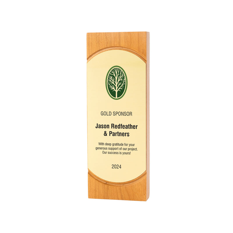 Eco-conscious cherry wood Haven award with a gold plate and modern silhouette | handcrafted by Rivanna.
