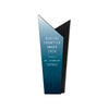 A tall black recycled trophy with dark blue accents and white engraving text. This trophy has 2 peaks at the top.