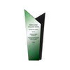 A tall recycled trophy in black and green. Contemporary trophy with sharp angles.