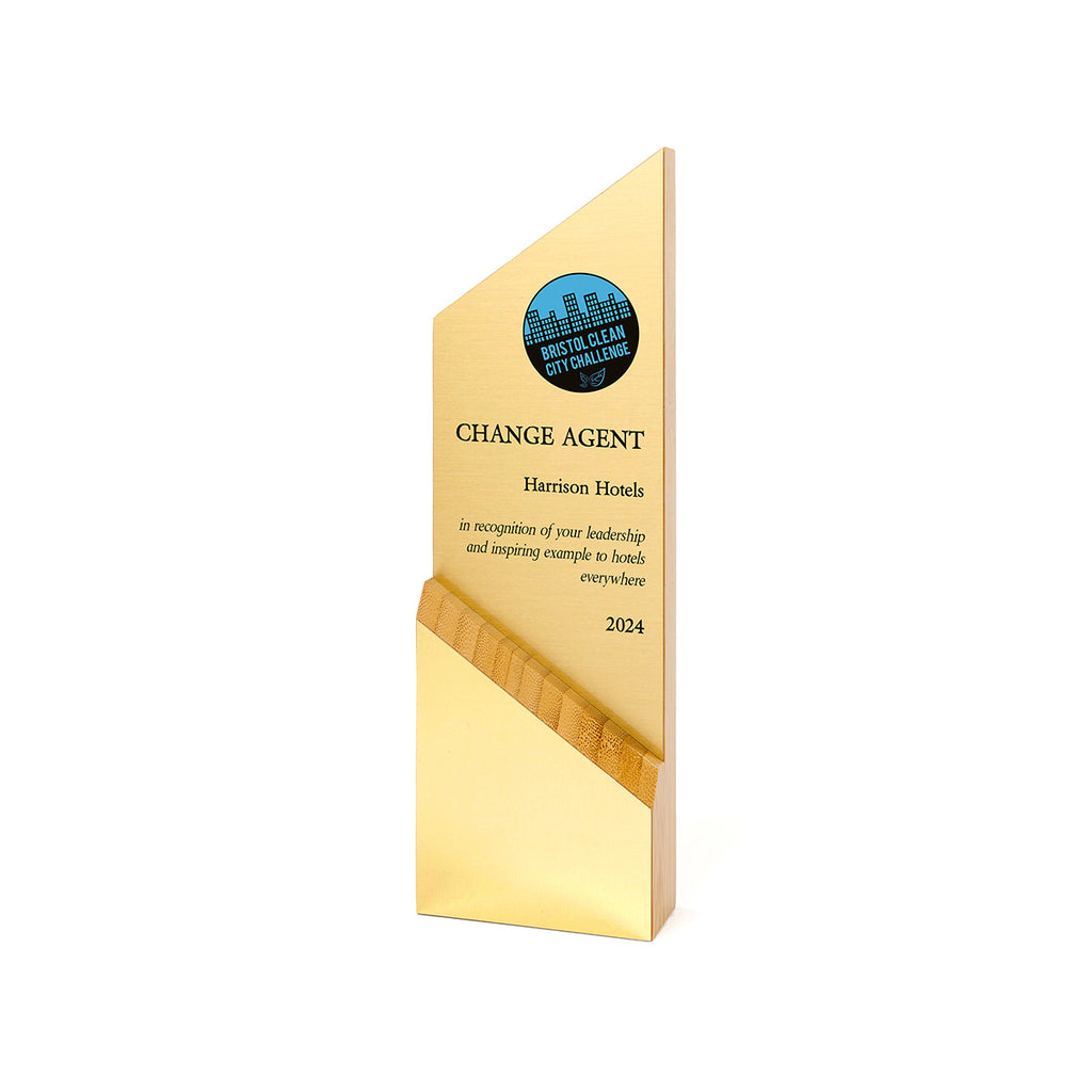 Tall asymmetrical bamboo award with a bright gold accent and a satin gold engraving plate