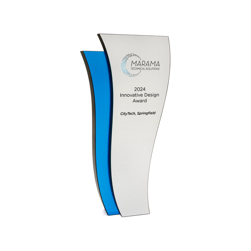 A tall blue and silver trophy with curves.  Contemporary, upscale looking trophy.