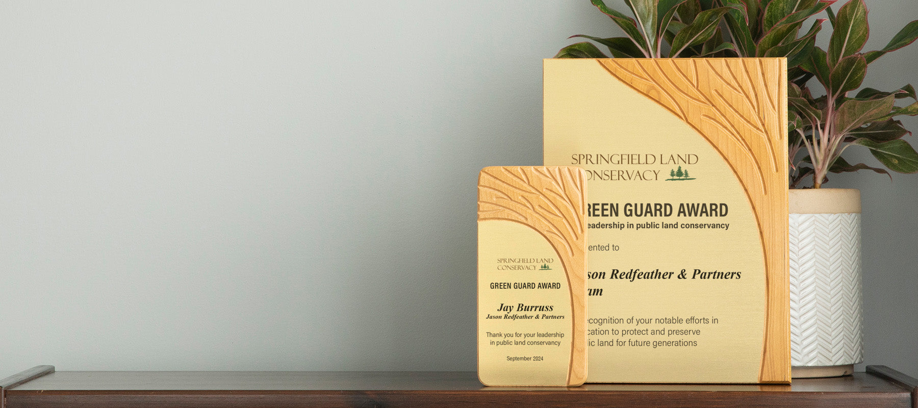 Handcrafted FSC-certified wood Arbor award and plaque with a flowing tree motif, part of Rivanna’s collection honoring conservation leadership and sustainability
