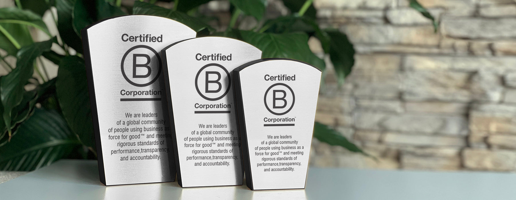 Set of three sustainable B Corporation awards in varying sizes, crafted with eco-friendly materials to celebrate business as a force for good