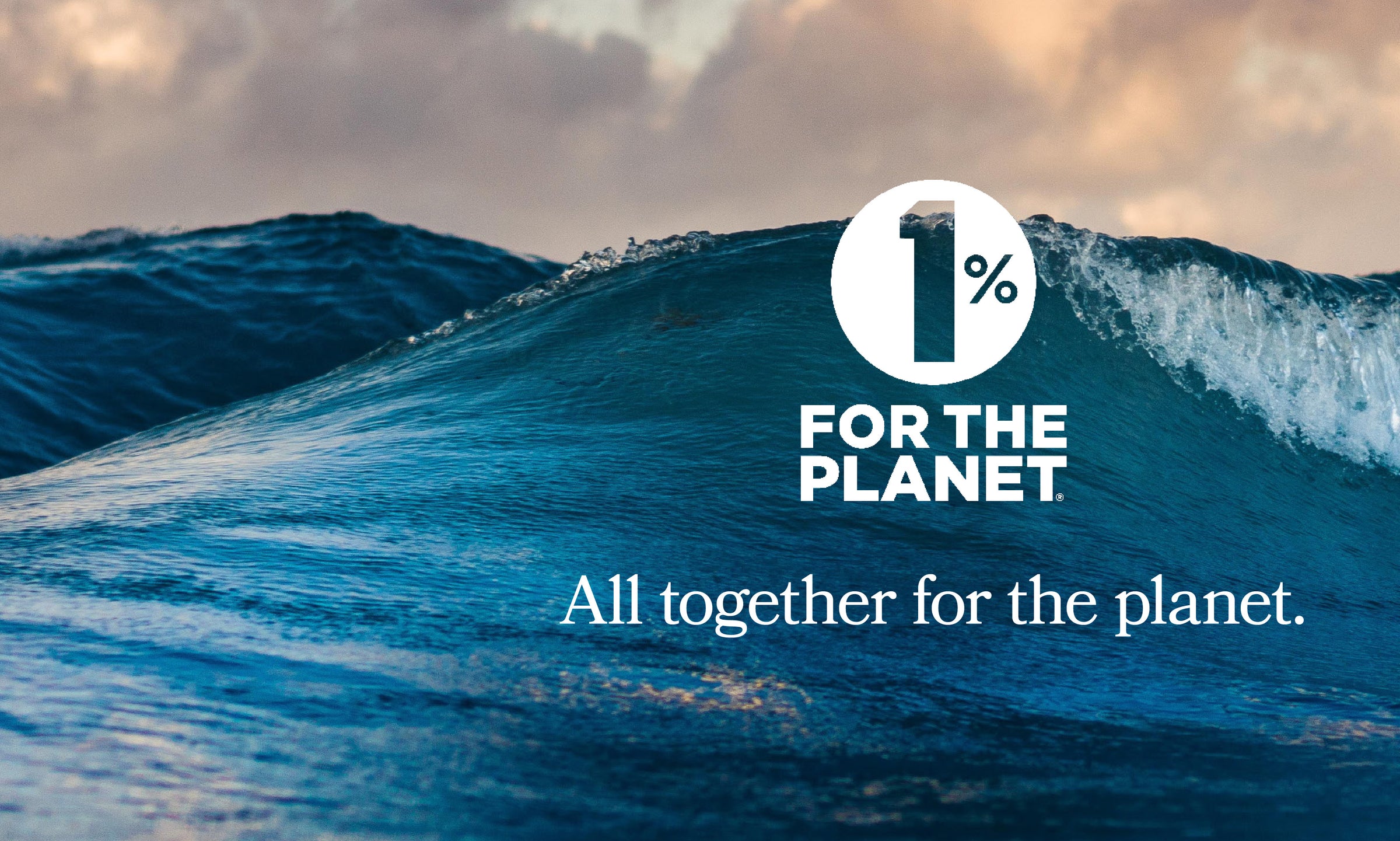 Ocean wave with 1% for the Planet logo and the message “All together for the planet,” representing Rivanna’s commitment to environmental giving.