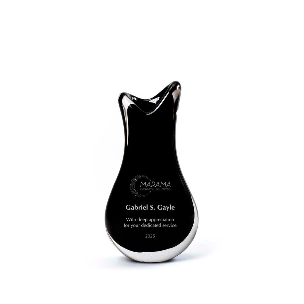 Tall black artisan glass flower vase award, handblown in Virginia and signed by the artist. A functional and distinctive Rivanna-exclusive design ready for engraving.