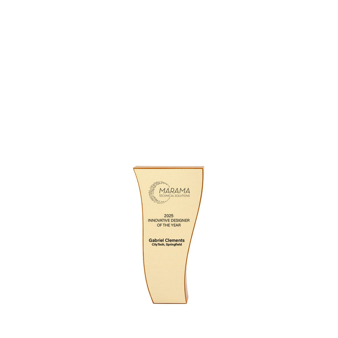6-inch Sweep award with flowing curve and gold plate on FSC-certified mahogany