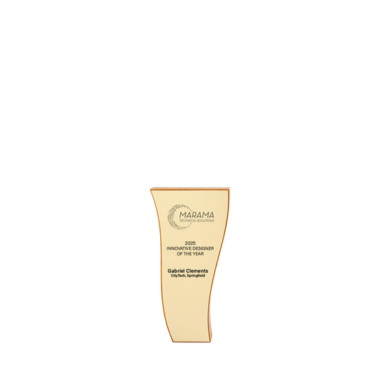6-inch Sweep award with flowing curve and gold plate on FSC-certified mahogany