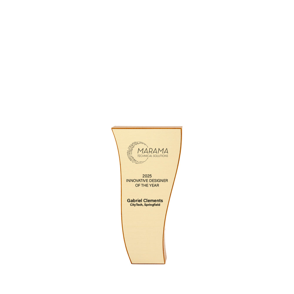 7-inch curved FSC mahogany trophy with brushed gold face