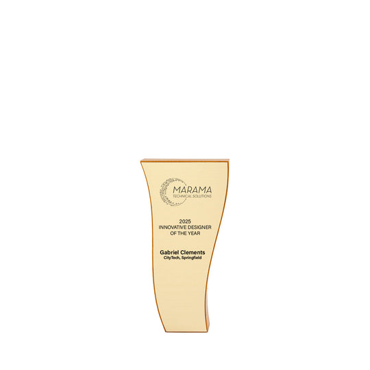 7-inch curved FSC mahogany trophy with brushed gold face