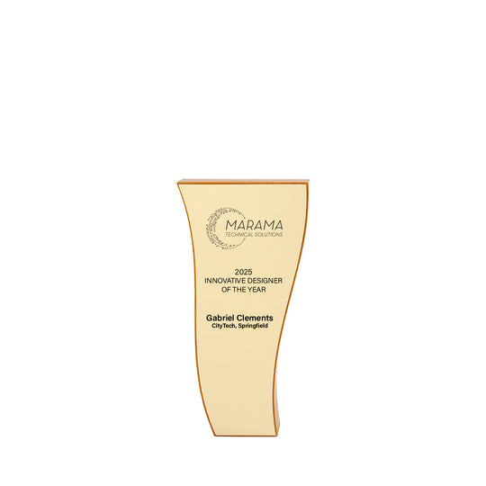 8-inch flowing form Sweep award with gold plate on FSC wood