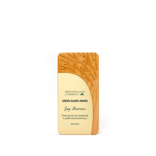 Sustainable wood award with carved tree detail, crafted in Virginia from domestic FSC cherry, perfect for green leadership honors