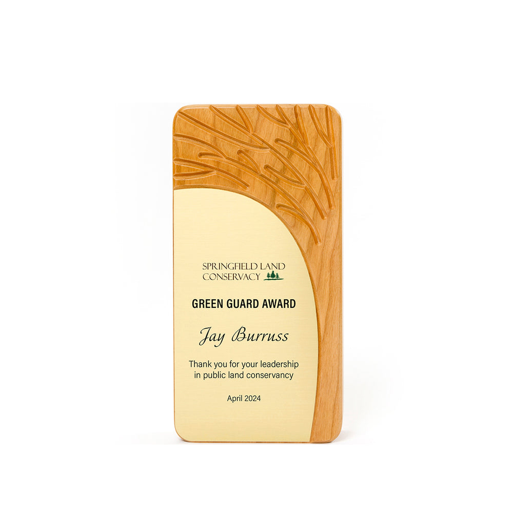 Contemporary eco award made in USA with FSC wood, tree shape, great for environmental recognition programs and business excellence