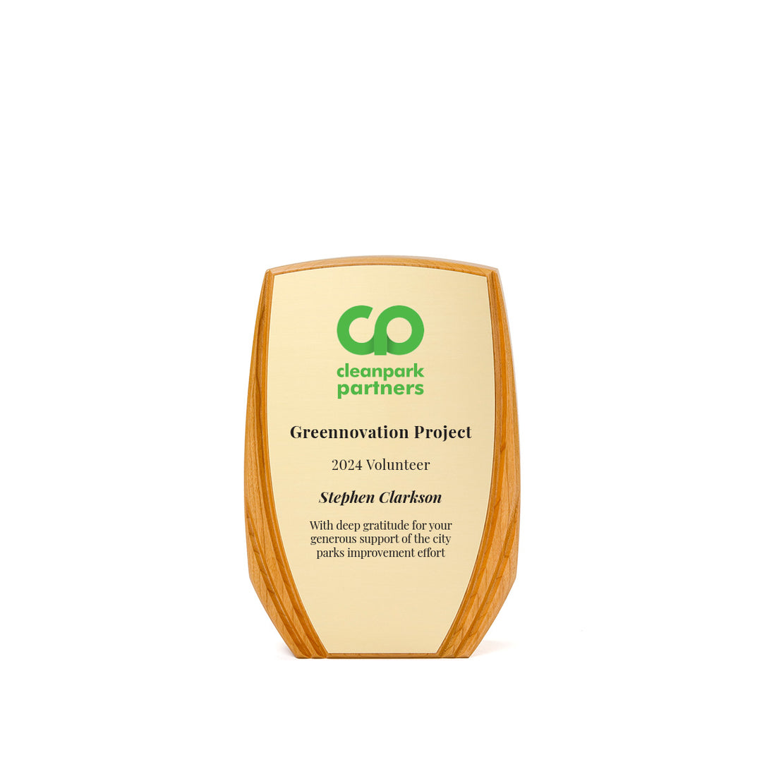 Volunteer award with engraved gold plate on warm cherry wood | a Rivanna original made in USA.