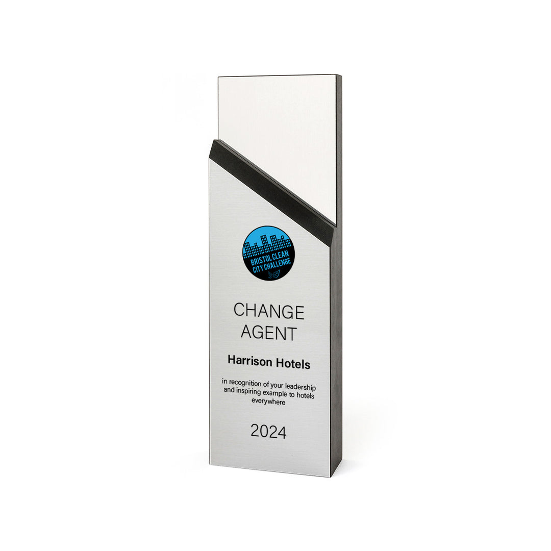 Contemporary looking Milestone Award made from FSC-certified recycled black Richlite with a sleek silver faceplate