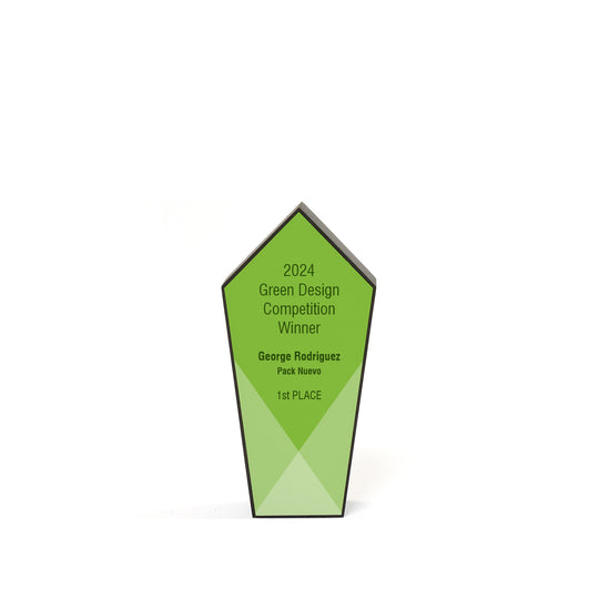 8 inch Mark Award in recycled Richlite with pentagon-shaped top and full-color customizable white plate