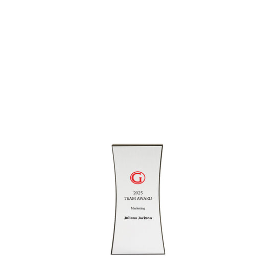 Compact 6" Flare award in FSC recycled black with silver faceplate; ideal for logo-focused recognition or team awards.