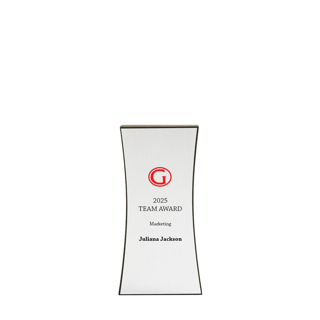 Tall 8" Flare award in FSC recycled black with brushed silver faceplate; designed for bold logo display and 1st place awards.