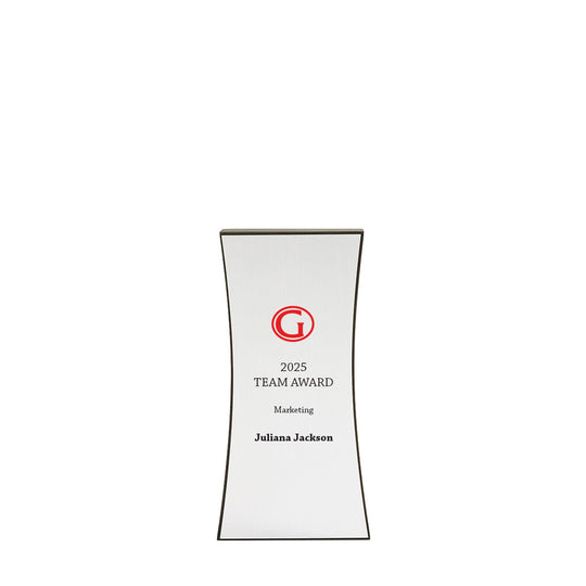 Tall 8" Flare award in FSC recycled black with brushed silver faceplate; designed for bold logo display and 1st place awards.