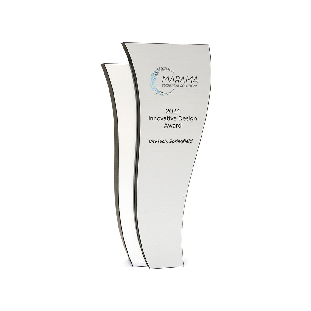 Wave-inspired black Richlite award with silver face – elevated modern design with sustainable weight and feel. Made in USA.