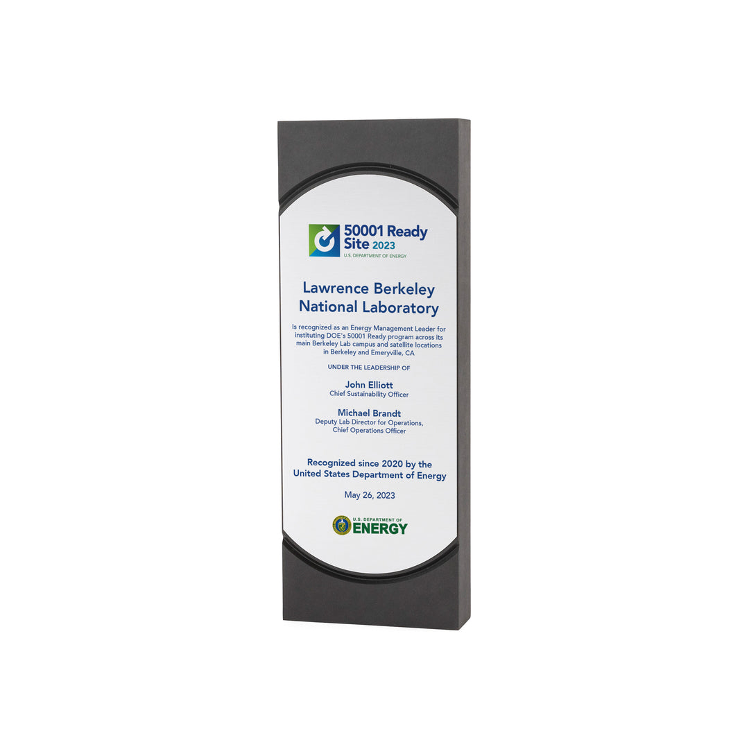 50001 Ready Award - black recycled with an oval engraving plate in silver and a the 50001 Ready and US Dept of Energy logos.