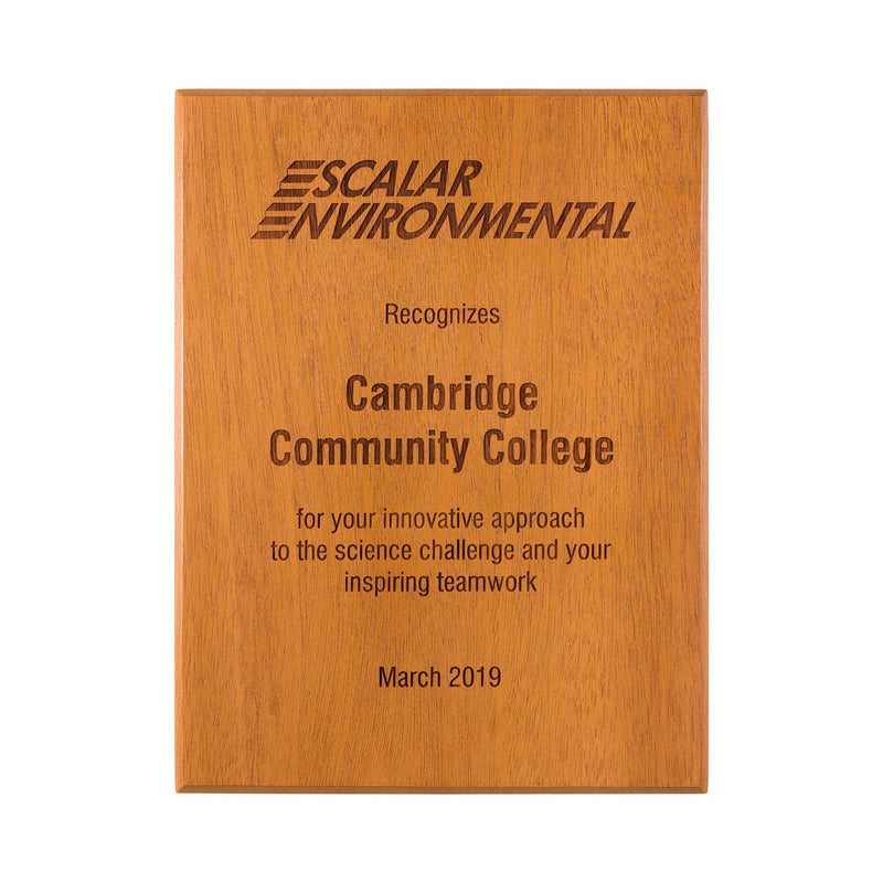 FSC mahogany wood plaque, laser engraved. Made in USA.
