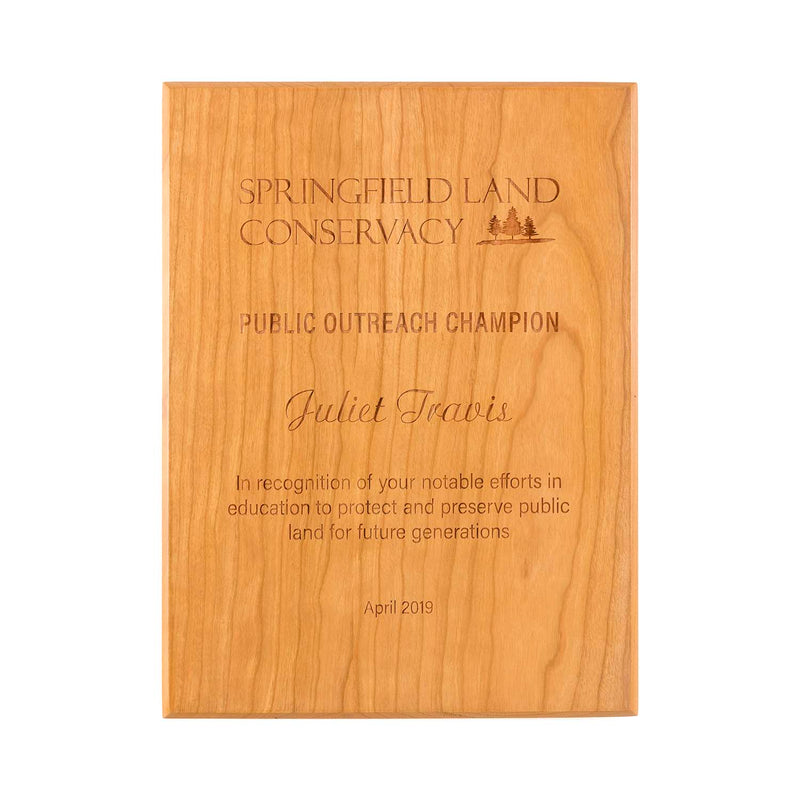 FSC certified solid domestic cherry plaque, laser engraved. Made in USA.