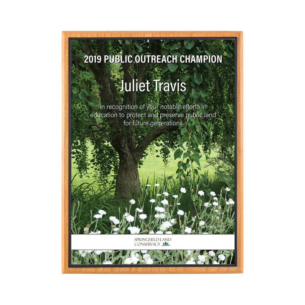 FSC cherry plaque with white plate and black backer, Made in the USA.