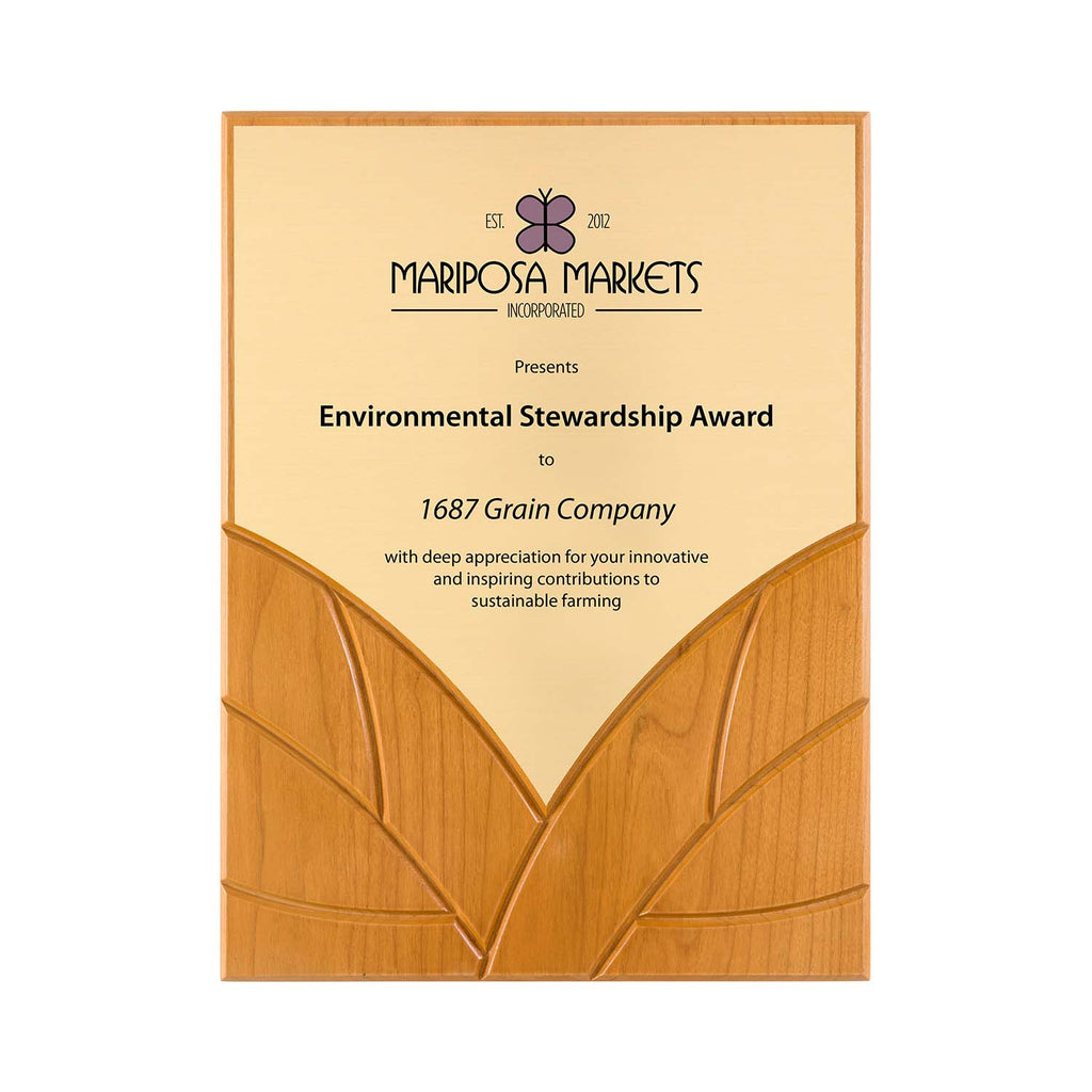 FSC cherry award plaque with carved leaf design and gold plate – Duet style, made in the USA