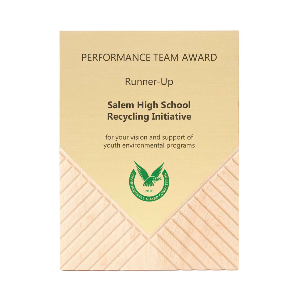 Downtown plaque with diagonal line carving in FSC-certified solid maple and gold plate, original Rivanna design, USA made