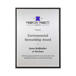 FSC Recycled black plaque with silver plate and bright silver backer. Made in USA by a Certified B Corp.