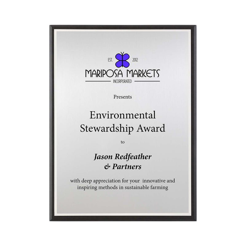 FSC Recycled black plaque with silver plate and bright silver backer. Made in USA by a Certified B Corp.