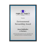 FSC Recycled black plaque with silver plate and blue backer. Made in USA by a Certified B Corp.