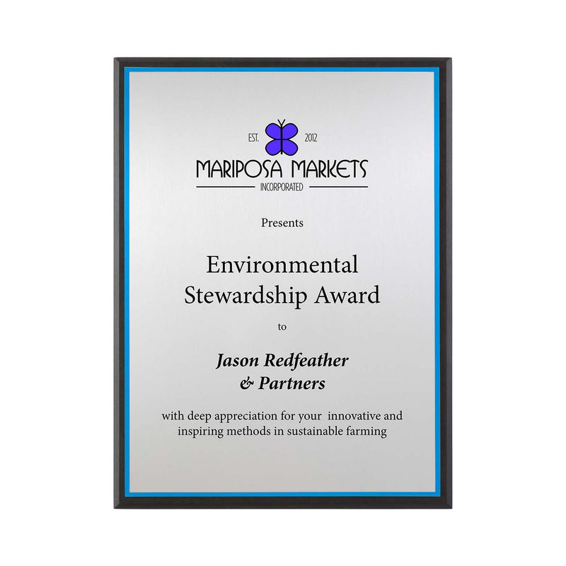 FSC Recycled black plaque with silver plate and blue backer. Made in USA by a Certified B Corp.